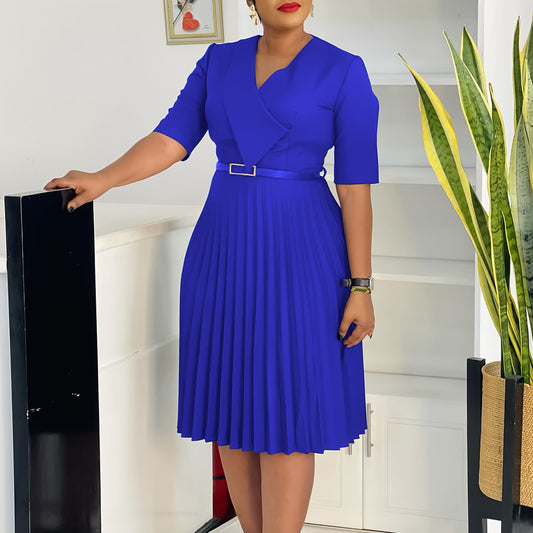 Damen Plissee Kleid mit taillierendem Gürtel und elegantem V-Ausschnitt Stalluxe
