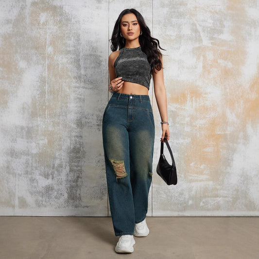 Damen weite Jeanshose mit modischem Distressed-Effekt und hoher Taille Stalluxe