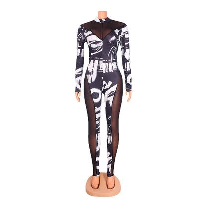 Damen Eleganter Jumpsuit mit transparenten Einsätzen und grafischem Print Stalluxe