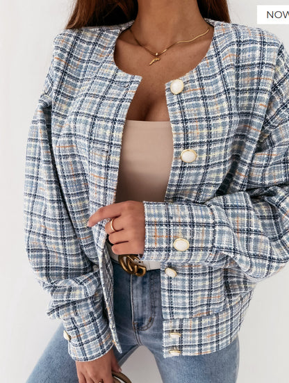 Damen Modischer Karostrickjacke mit einzigartigem Knopfverschluss Stalluxe