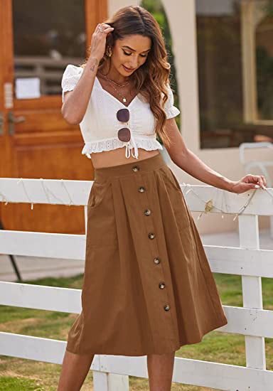 Women's Button-Front A-Line Skirt with Pockets Stalluxe