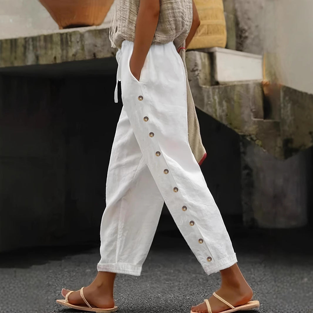 Damen Modische Palazzo-Hose mit Knopfdetails und elastischem Bund Stalluxe