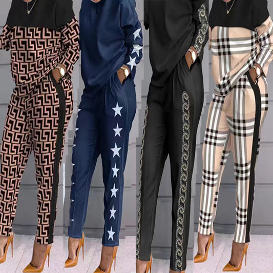 Damen Sportliches Lounge-Set mit geometrischem Muster und langärmeligen Oberteil Stalluxe