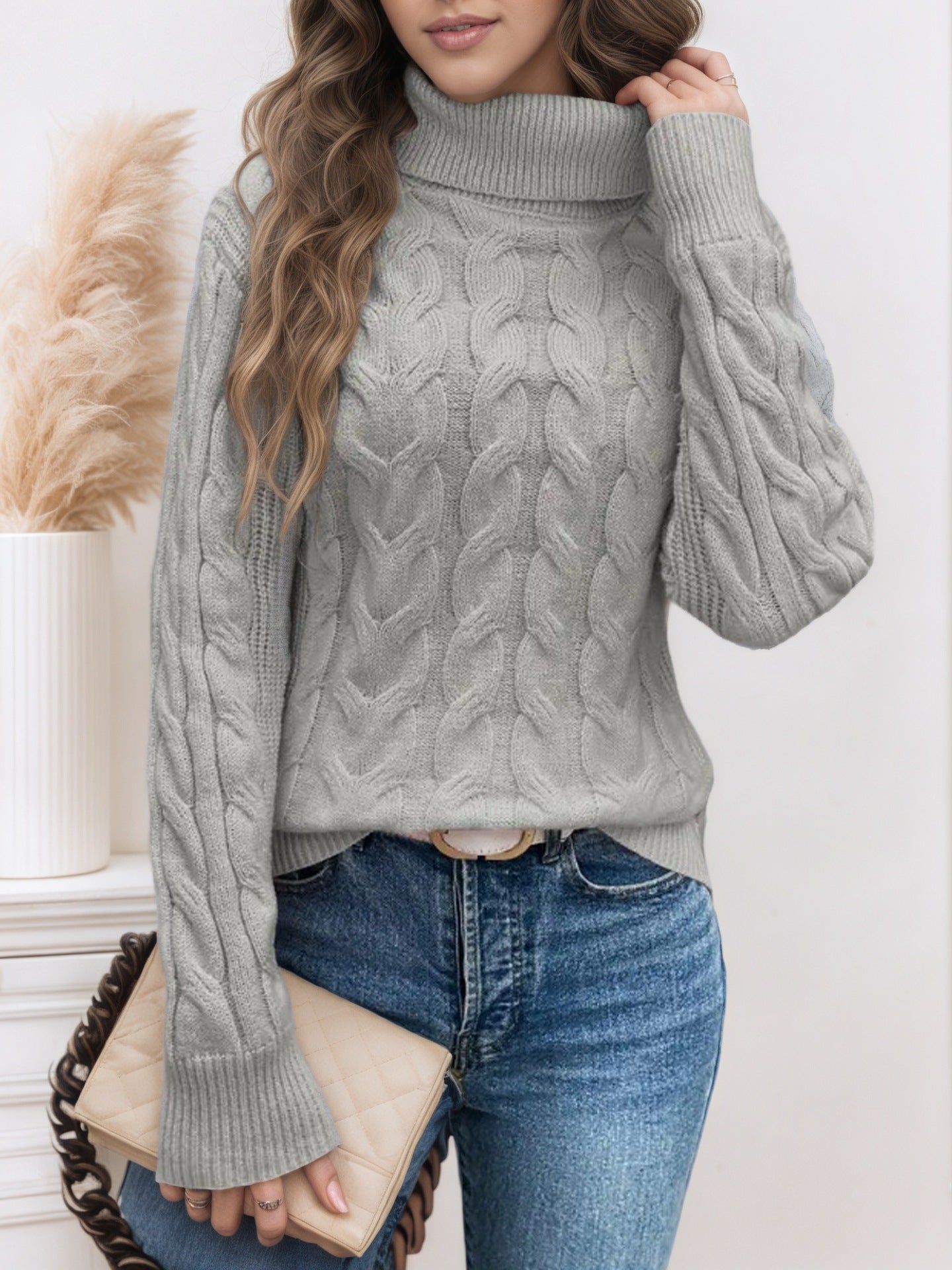 Damen Strickpullover mit hohem Kragen und Kabelmuster Stalluxe