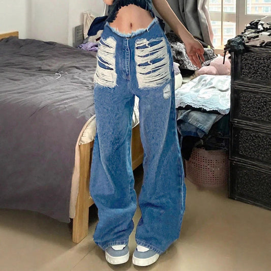 Damen Exklusive High-Waist Jeans mit Distressed-Details und weitem Bein Stalluxe