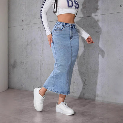 Damen Langer Jeansrock mit hohem Bund Stalluxe