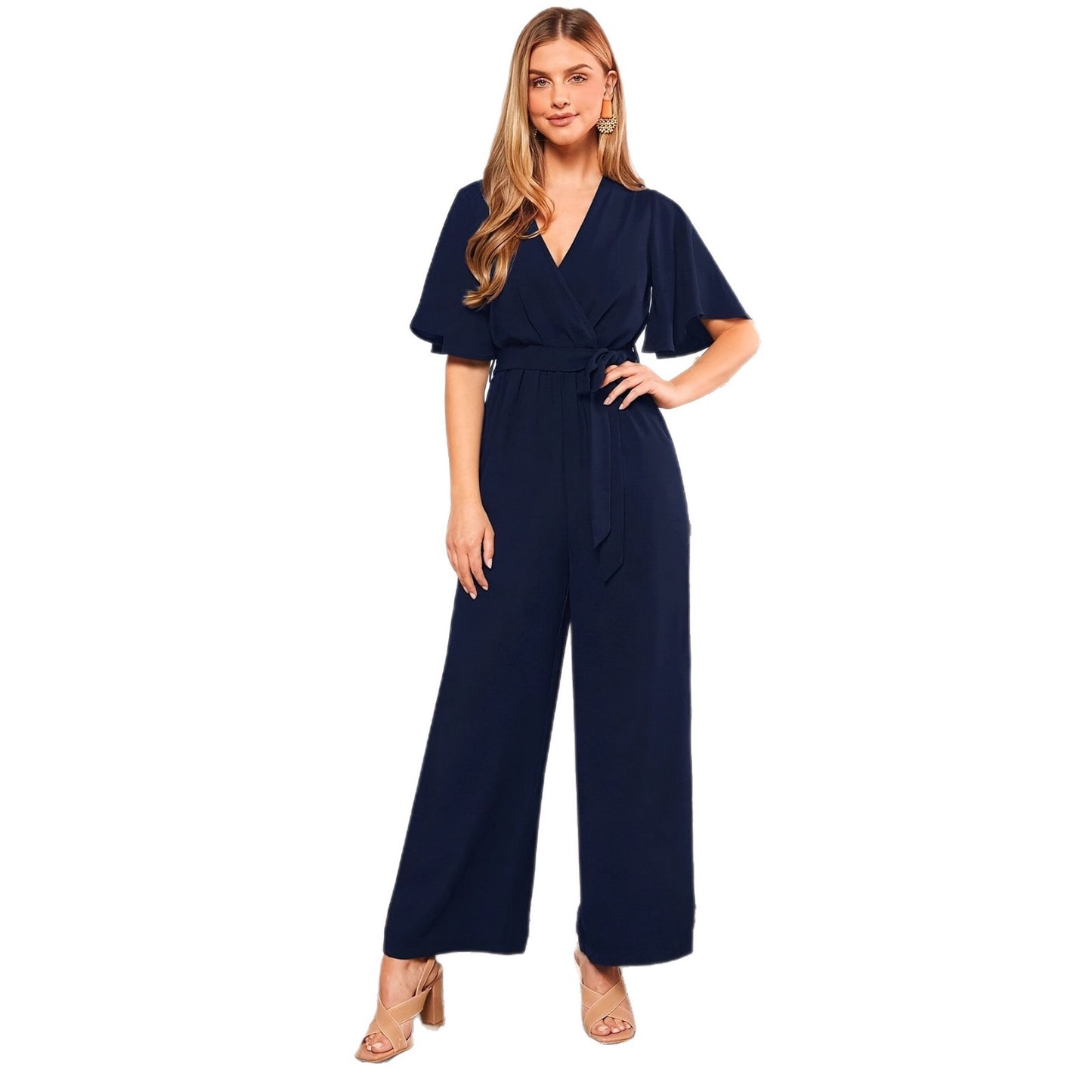 Damen eleganter Jumpsuit mit tiefem V-Ausschnitt und Poncho-Ärmeln Stalluxe