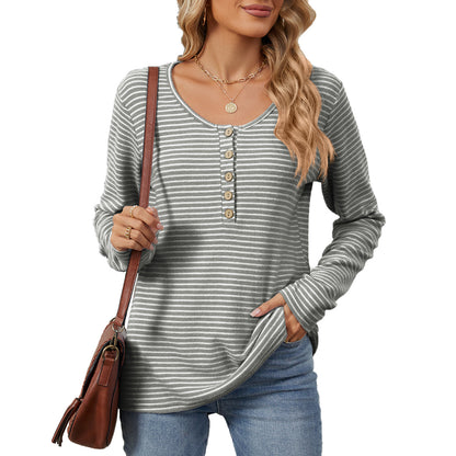 Damen gestreiftes Langarmshirt mit Knopfleiste und lässiger Passform Stalluxe