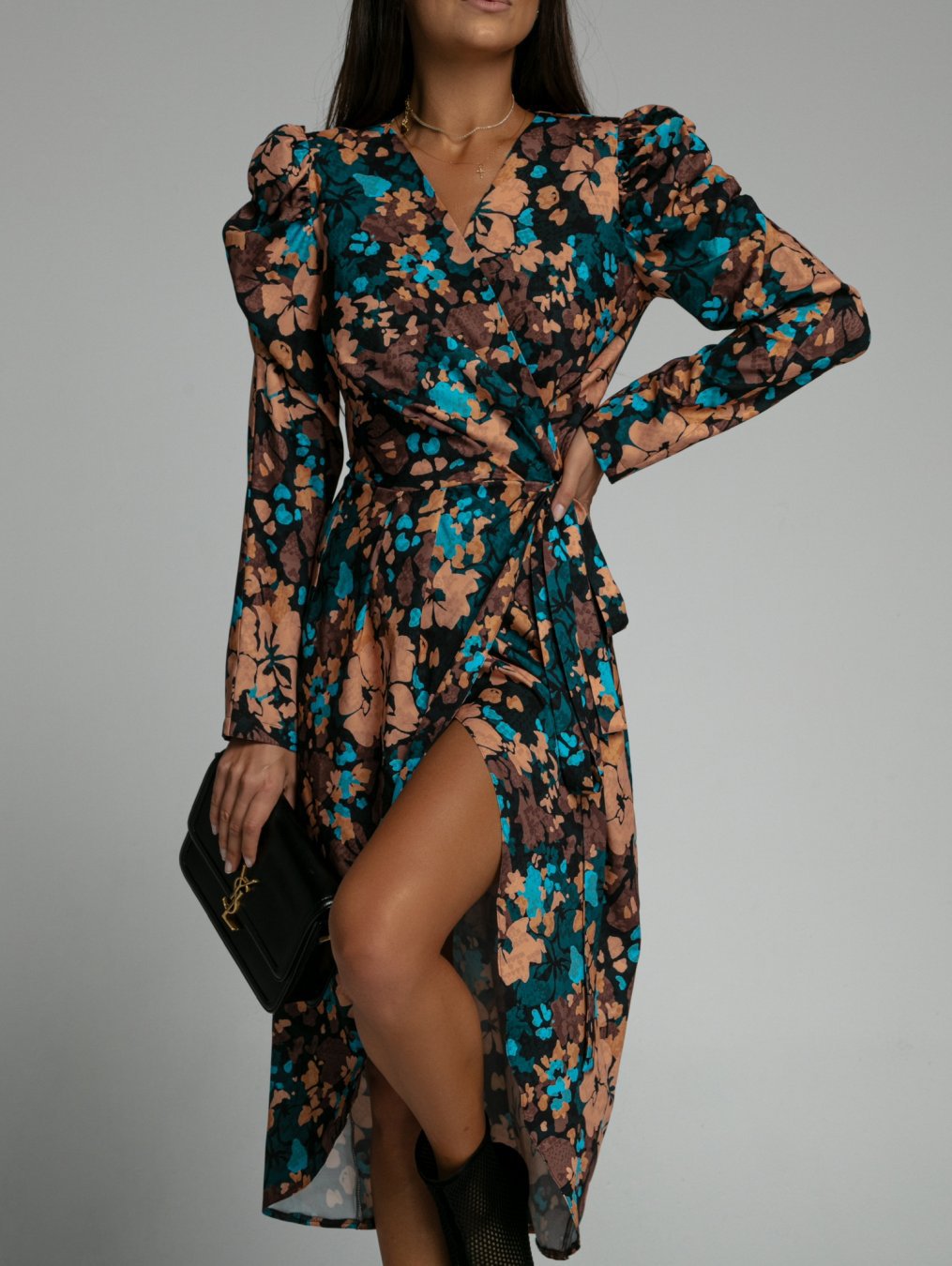 Damen Wickelkleid mit floralen Mustern und eleganten Puffärmeln Stalluxe