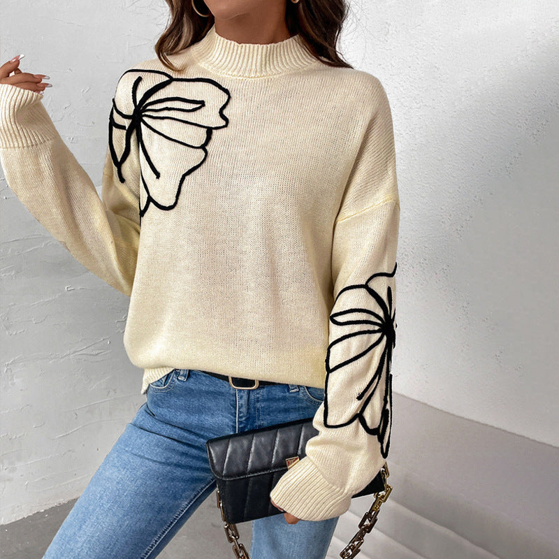Damen weicher Strickpullover mit floralem Muster und hohem Kragen Stalluxe
