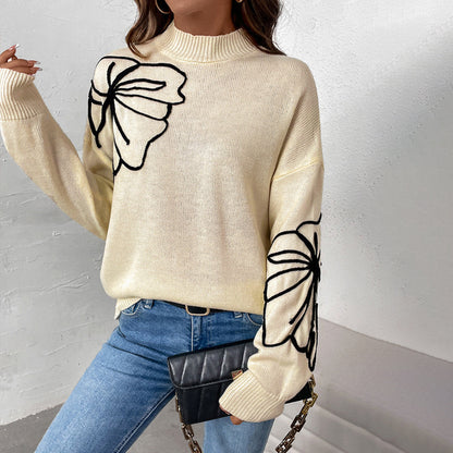 Damen weicher Strickpullover mit floralem Muster und hohem Kragen Stalluxe