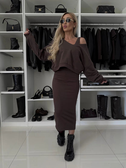 Damen modisches Strickkleid mit lässigem Crop-Oberteil und taillierter Silhouette Stalluxe