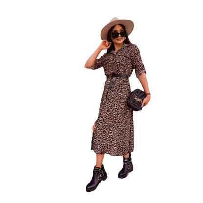 Damen Midi-Kleid mit Tiermuster und Gürtel Stalluxe
