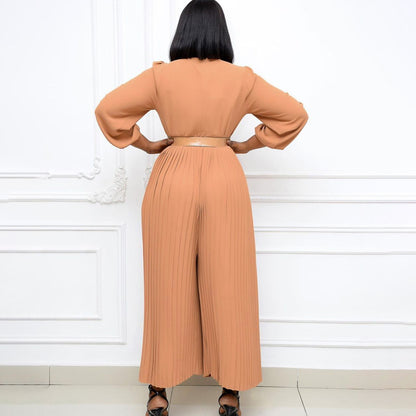 Damen Plissee Jumpsuit mit elegantem Gürtel und schwingenden Ärmeln Stalluxe