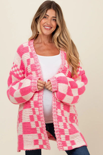 Damen Übergroße Karomuster-Strickjacke mit Taschen Stalluxe