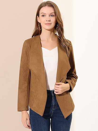 Damen modische Synthetiklederjacke mit offenem Schnitt und Taschen Stalluxe