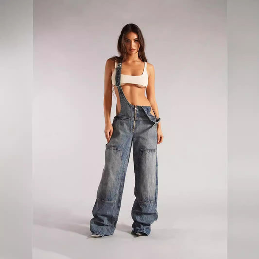 Damen stylische Latzhose im Oversized-Design mit praktischen Taschen und Reißverschluss Stalluxe