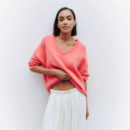 Damen Viskose-Pullover mit tiefem V-Ausschnitt und breiten Bündchen Stalluxe