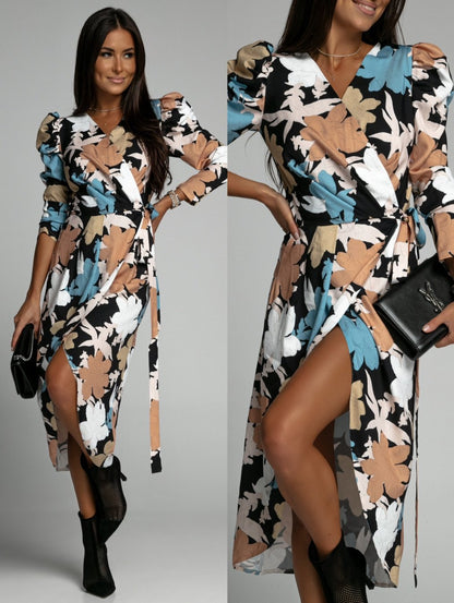 Damen Wickelkleid mit floralen Mustern und eleganten Puffärmeln Stalluxe