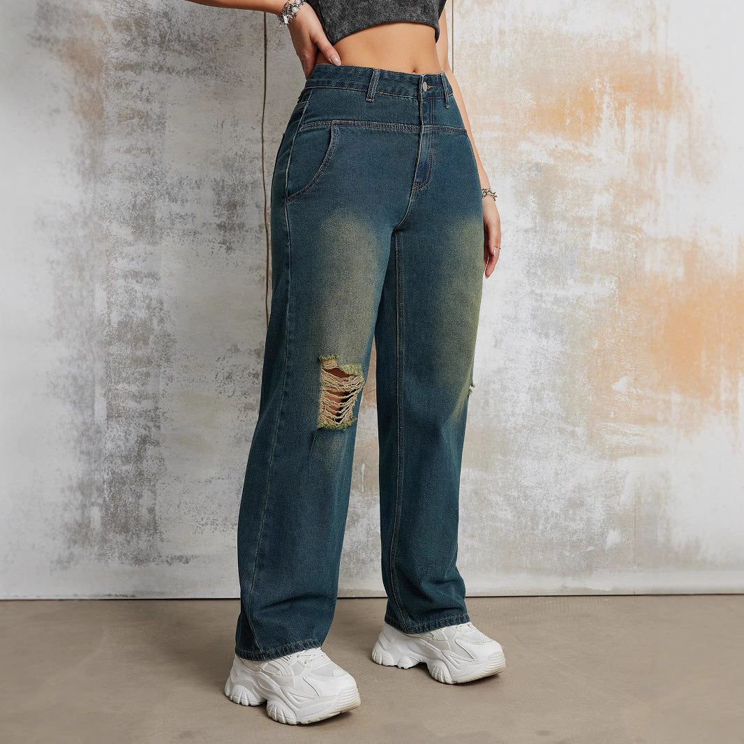 Damen weite Jeanshose mit modischem Distressed-Effekt und hoher Taille Stalluxe