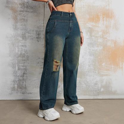 Damen weite Jeanshose mit modischem Distressed-Effekt und hoher Taille Stalluxe