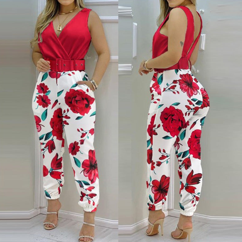 Damen Eleganter Jumpsuit mit Gürtel und tiefem V-Ausschnitt Stalluxe