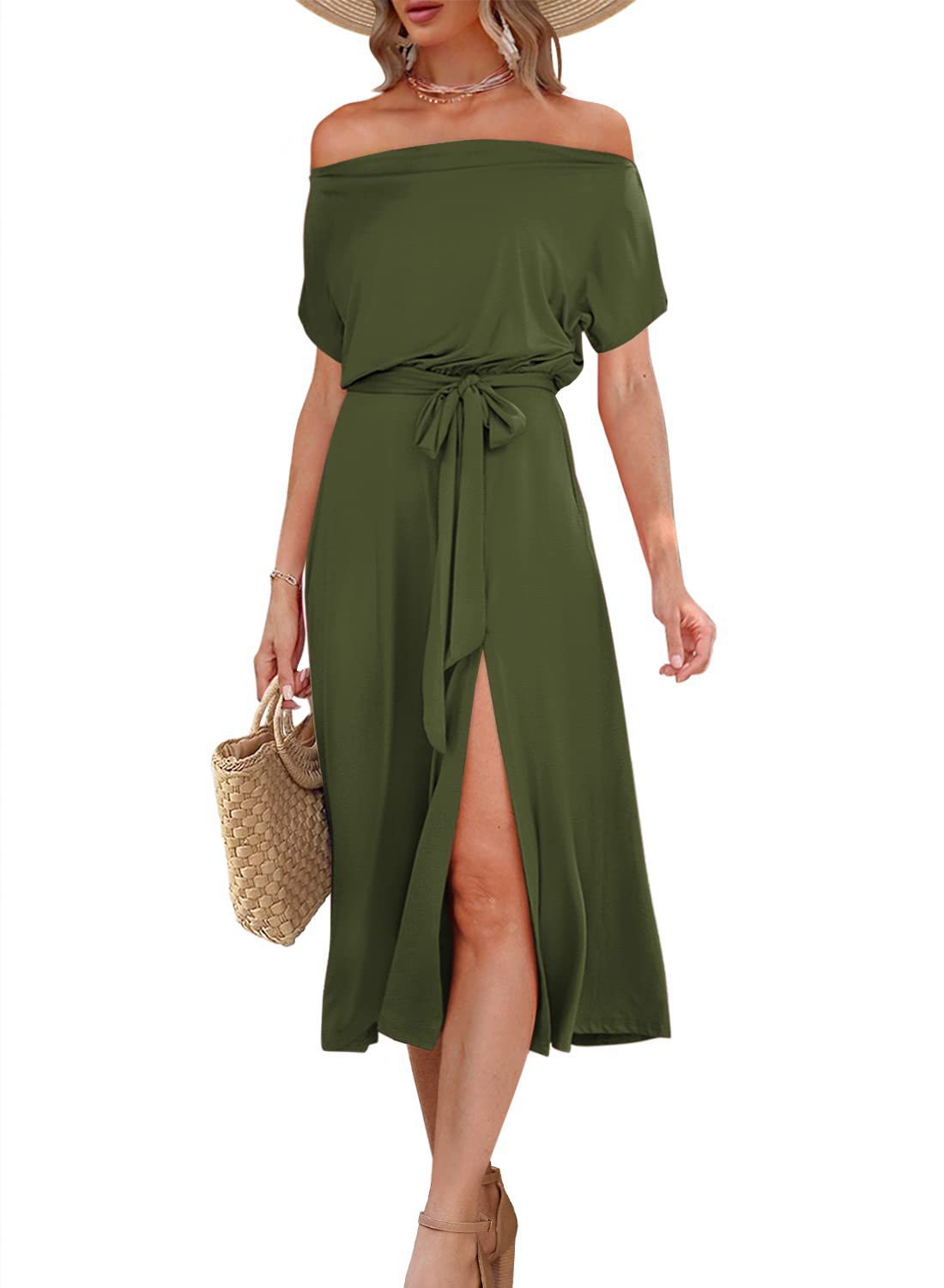 Damen Off-Shoulder Midikleid mit Taillengürtel und praktischen Taschen Stalluxe