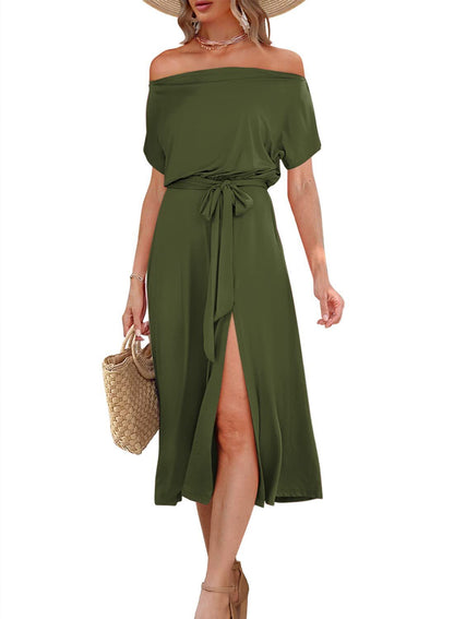 Damen Off-Shoulder Midikleid mit Taillengürtel und praktischen Taschen Stalluxe