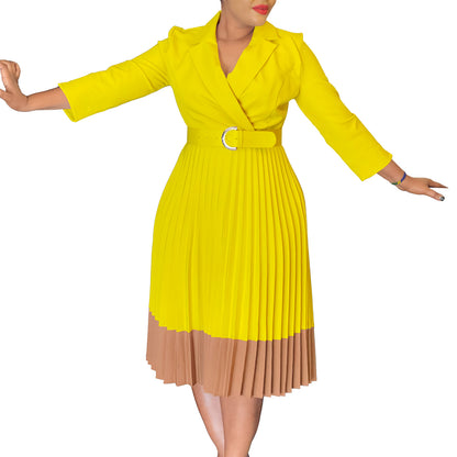 Damen Elegantes Plissee-Kleid mit tailliertem Blazer-Oberteil und Gürtel Stalluxe