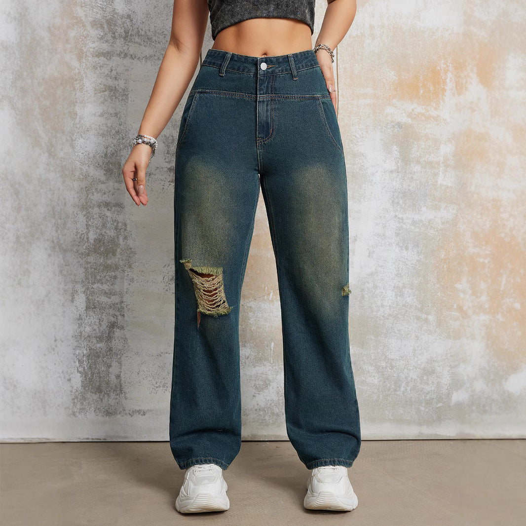 Damen weite Jeanshose mit modischem Distressed-Effekt und hoher Taille Stalluxe