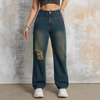 Damen weite Jeanshose mit modischem Distressed-Effekt und hoher Taille Stalluxe