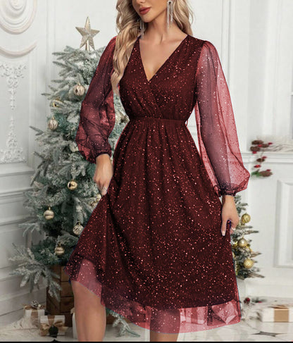 Damen Glänzende V-Ausschnitt Illusionsärmel Kleid Stalluxe