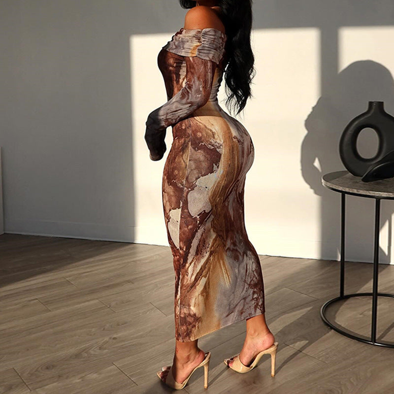 Damen Off-Shoulder Maxikleid mit elegantem Marmor-Design und figurbetontem Schnitt Stalluxe