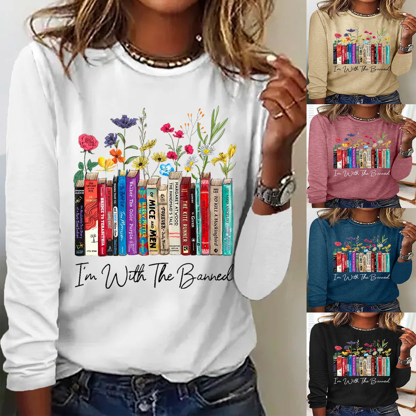 Damen Langarmshirt mit Bücher- und Blumenmotiv Stalluxe