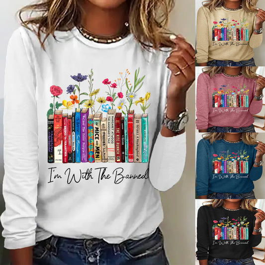 Damen Langarmshirt mit Bücher- und Blumenmotiv Stalluxe