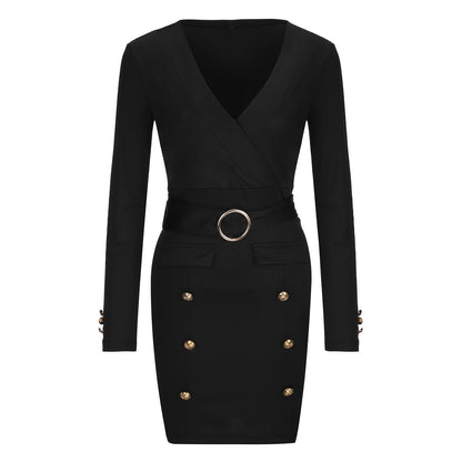 Damen Wickelkleid mit goldenen Knopfdetails und Taillengürtel Stalluxe