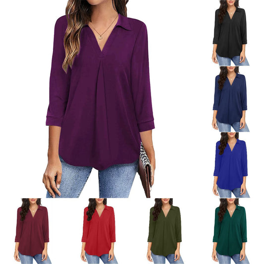 Women's Stylish Pleated V-Neck Blouse Stalluxe