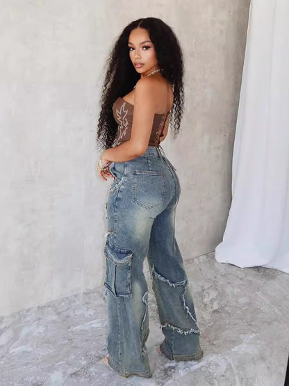 Damen Baggy-Jeans mit asymmetrischem Design und auffälligen Ziernähten Stalluxe