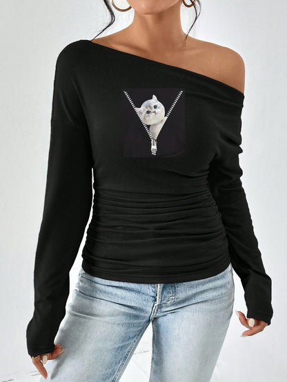Damen figurbetontes Langarmtop mit asymmetrischem Ausschnitt und Raffungen Stalluxe