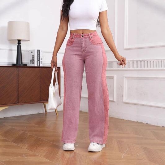 Damen High-Waist Jeans im modernen Farbblock-Design mit weitem Bein Stalluxe