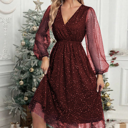 Damen Glänzende V-Ausschnitt Illusionsärmel Kleid Stalluxe