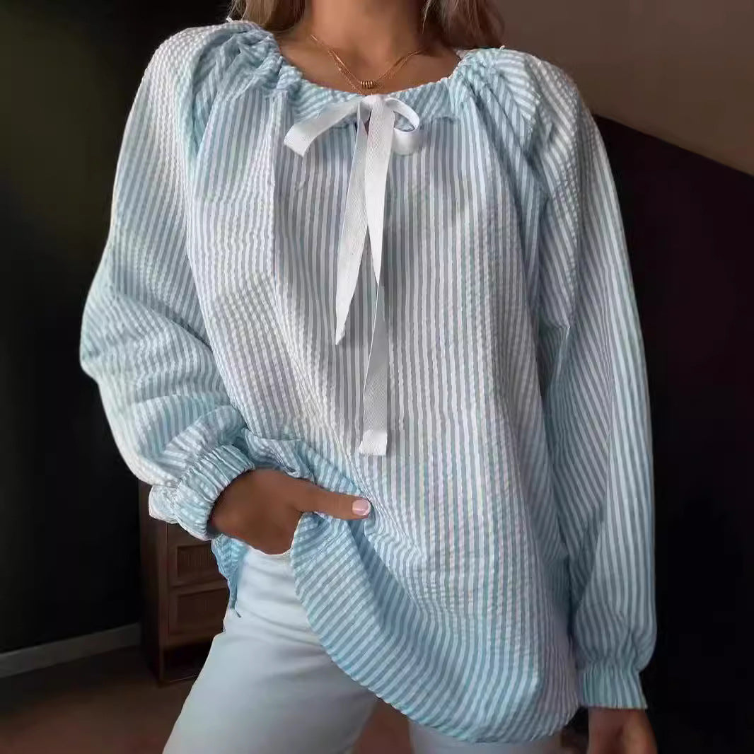 Damen Blusenshirt mit elastischem Puffärmel und dekorativem Bindeband Stalluxe