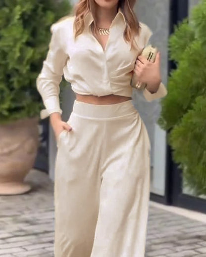 Damen elegantes Set aus cropped Bluse und weitem Hose Stalluxe
