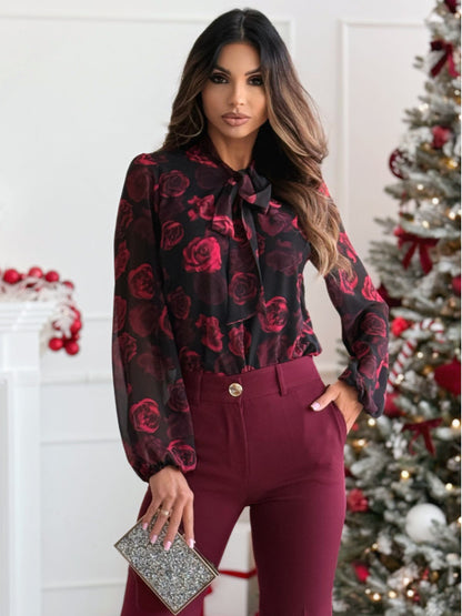 Damen elegante Bluse mit floralem Design und schickem Schleifenkragen Stalluxe