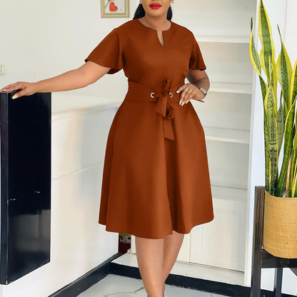 Damen Midi-Kleid mit eleganten Volantärmel und schickem Taillengürtel Stalluxe