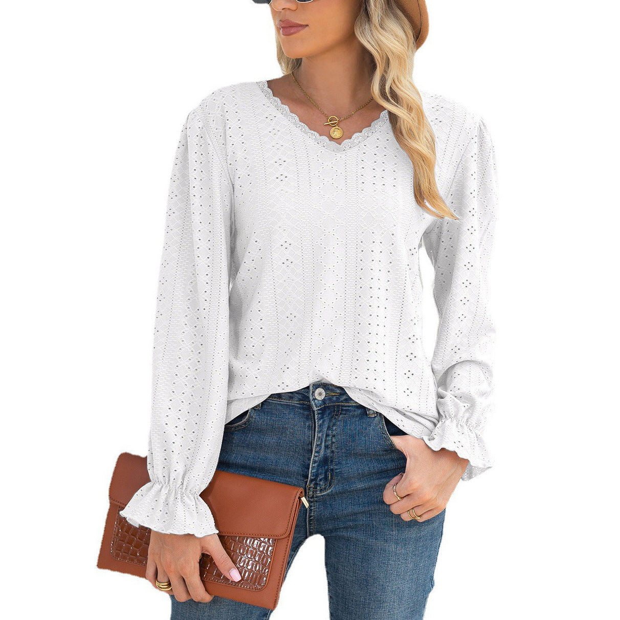 Damen Blusenshirt mit Lochmuster und elastischen Ärmelbündchen Stalluxe