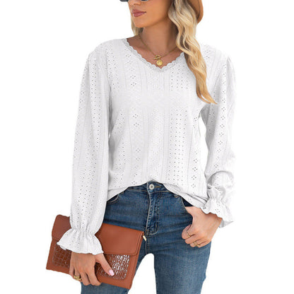 Damen Blusenshirt mit Lochmuster und elastischen Ärmelbündchen Stalluxe