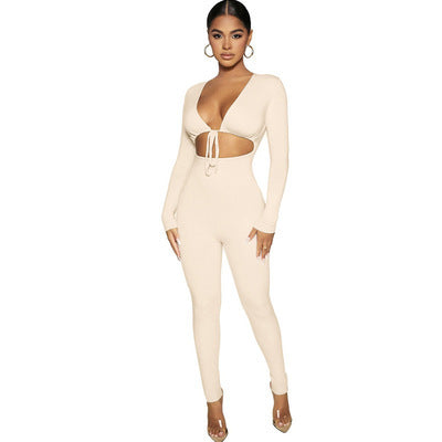 Damen figurbetonter Jumpsuit mit tiefem V-Ausschnitt und eleganten langen Ärmeln Stalluxe