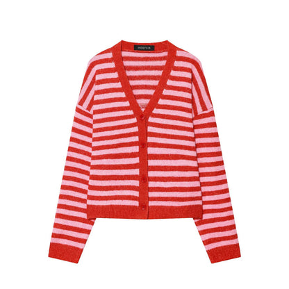 Damen modische gestreifte Strickjacke mit V-Ausschnitt und Knopfleiste Stalluxe