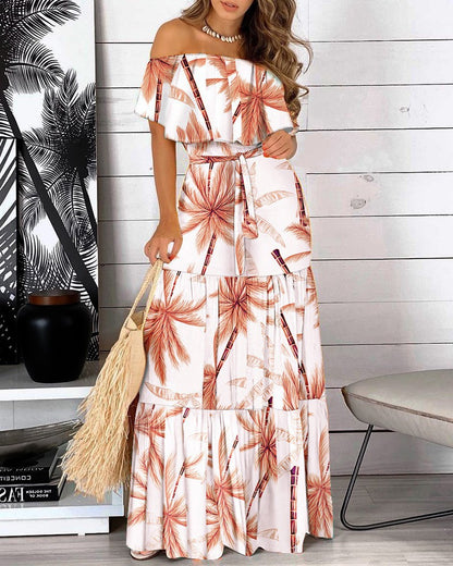 Damen Maxikleid mit schulterfreiem Design und animalischem Muster Stalluxe